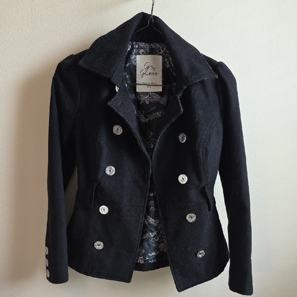 G by Guess Black Pea Coat Double-Breasted Timeless Design - Picture 1 of 6